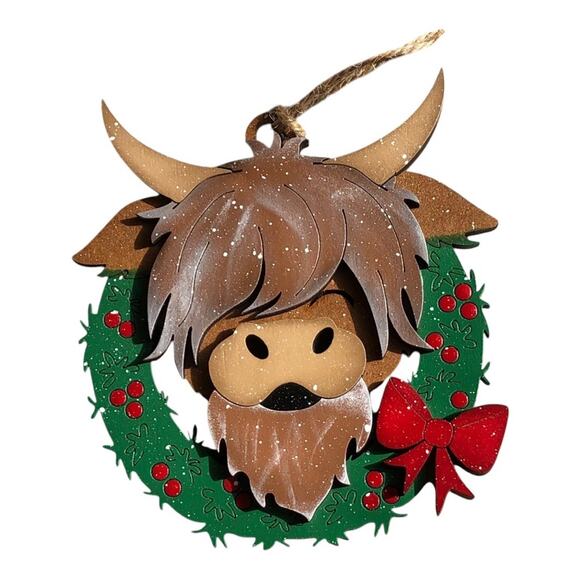 Handmade Whimsical Highlander Cow Wreath Santa Hat Hand Painted Wood Ornament - Picture 1 of 9